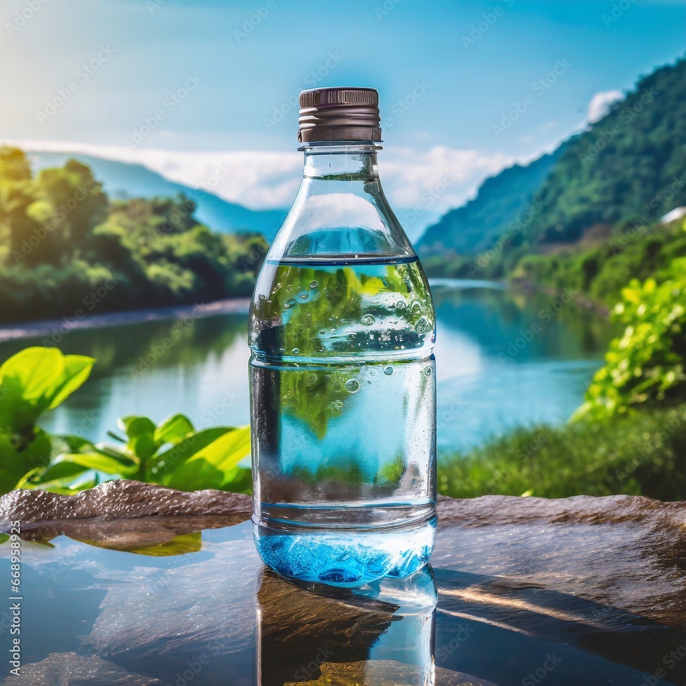 bottle of water with leaves and drops, Sip of Nature: Glass Bottle with Scenic Background bottle of water with leaves and drops, Sip of Nature: Glass Bottle with Scenic Background