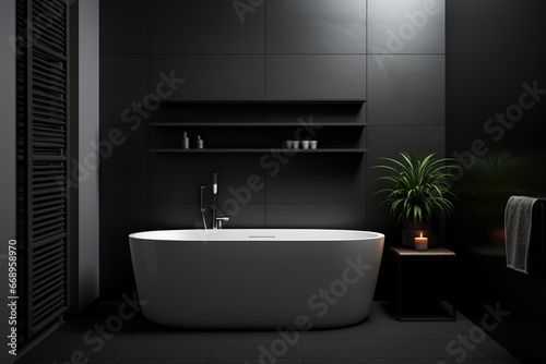Modern black bathroom interior with a white bathtub standing on a black tile floor. 3d rendering mock up