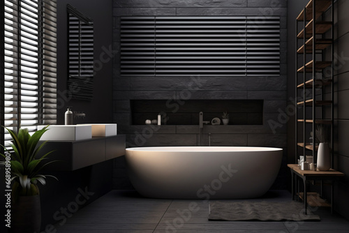 Modern black bathroom interior with a white bathtub standing on a black tile floor. 3d rendering mock up
