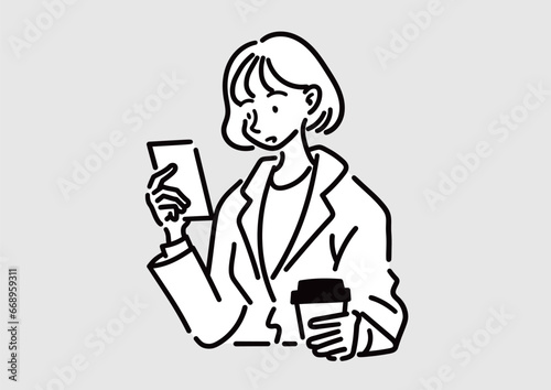 スマートフォンを操作する女性のイラスト。カフェでコーヒーを飲みながらスマホを見る女性。