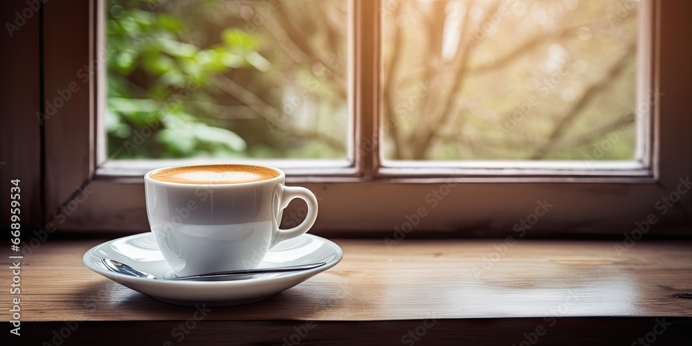 Morning ambience. Rustic wooden table set with coffee mug. Garden retreat. Enjoying moment by window. Vintage aesthetics Morning ambience. Rustic wooden table set with coffee mug. Garden retreat. Enjoying moment by window. Vintage aesthetics