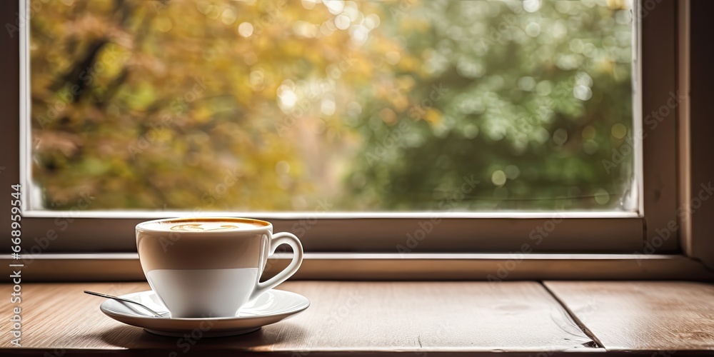 Morning ambience. Rustic wooden table set with coffee mug. Garden retreat. Enjoying moment by window. Vintage aesthetics Morning ambience. Rustic wooden table set with coffee mug. Garden retreat. Enjoying moment by window. Vintage aesthetics