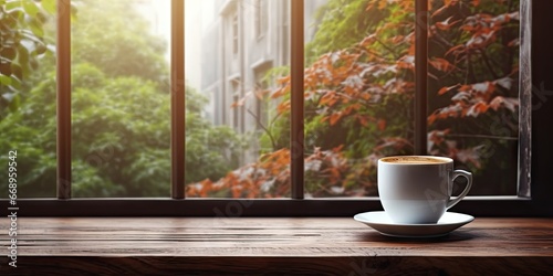 Morning ambience. Rustic wooden table set with coffee mug. Garden retreat. Enjoying moment by window. Vintage aesthetics © Bussakon