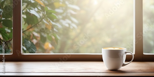 Morning ambience. Rustic wooden table set with coffee mug. Garden retreat. Enjoying moment by window. Vintage aesthetics