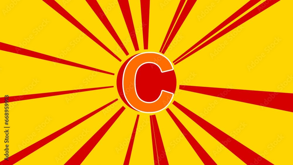 Capital letter C symbol on the background of animation from moving rays of the sun. Large orange symbol increases slightly. Seamless looped 4k animation on yellow background Capital letter C symbol on the background of animation from moving rays of the sun. Large orange symbol increases slightly. Seamless looped 4k animation on yellow background