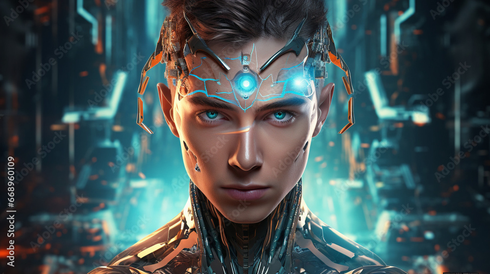 Man character design. Cyborg face man technology background with Generative Ai.