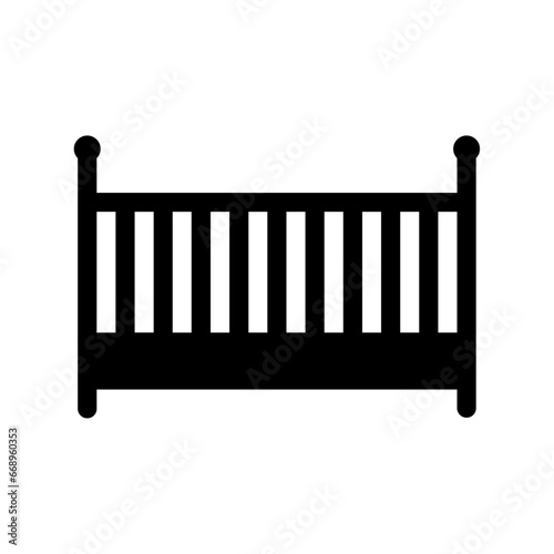 A large baby cot symbol in the center. Isolated black symbol