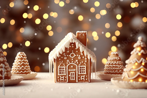 Beautiful Christmas decorations at the Cooke house, with a bokeh lighting background. Close-up of gingerbread houses on a table over a blurred backdrop of lights. copy space