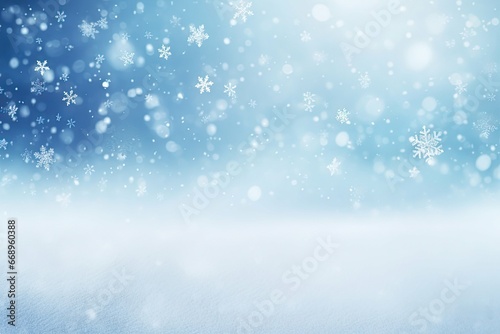 Beautiful snowfall white and blue background for Christmas. Falling snow and snowflakes in white and blue tones.  © RBGallery