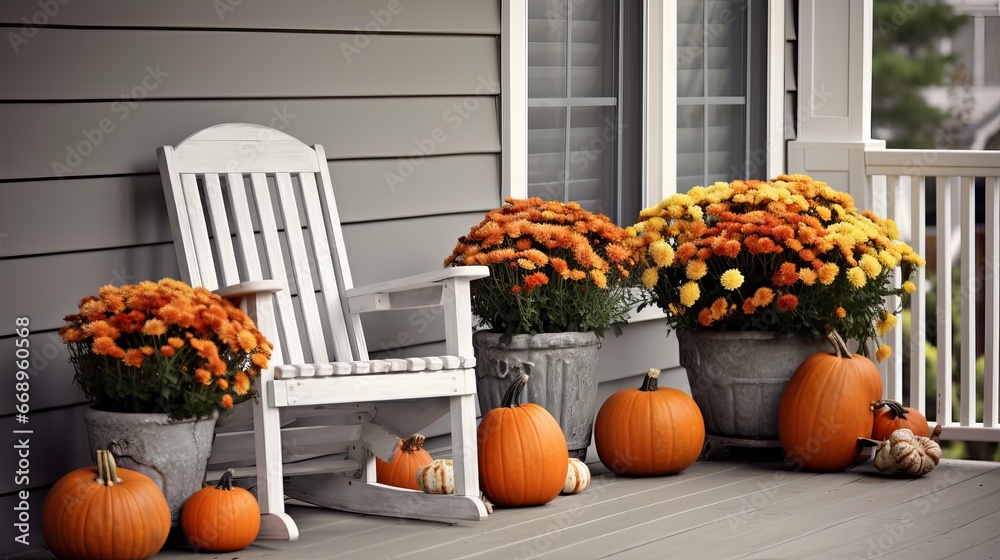 charming halloween Porch decor with jack O' lanterns, flowers, and cozy chairs – seasonal exterior home decoration in gray and white