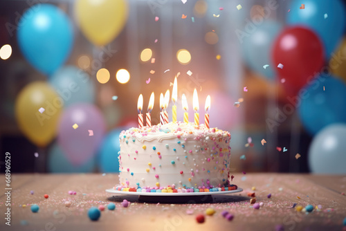 Happy birthday cake with balloons  cake  ribbons  and candles. Birthday celebration bokeh background. Copy Space