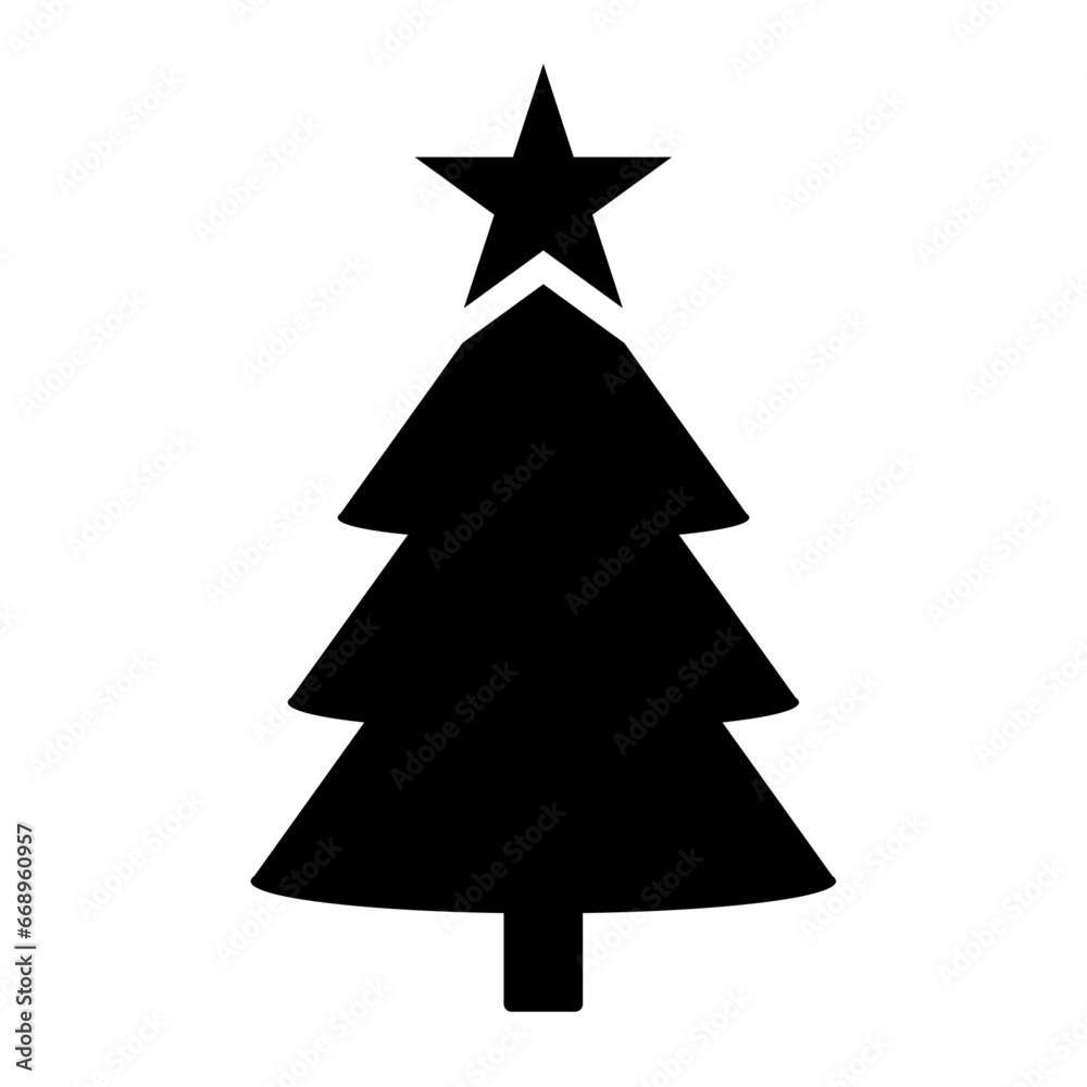 A large Christmas tree in the center. Isolated black symbol