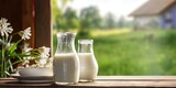 Fresh milk delight. Rustic bottle for healthy mornings. Naturally nutritious. Close up of dairy products in wood setting. Rural wellness. Jug and products on wooden table