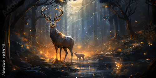 Realistic beautiful deer in magic forest with sparkling lights. Deer in the winter forest. Deer in a Snowy Wonderland: Realistic Winter Forest Scene