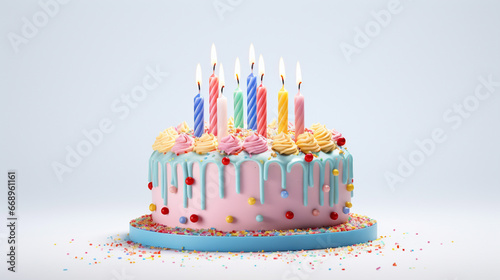 Colorful birthday cake with candles isolated on white background