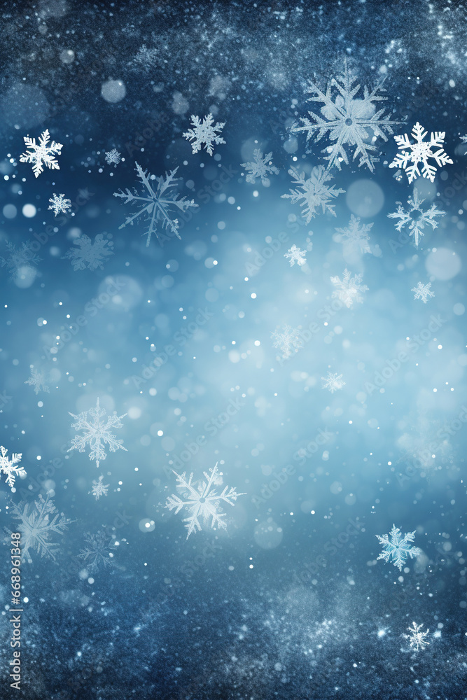Abstract winter background with snowfall, a frozen Frosty on a blue background, and a Christmas frame with snowflakes in the sky Abstract winter background with snowfall, a frozen Frosty on a blue background, and a Christmas frame with snowflakes in the sky