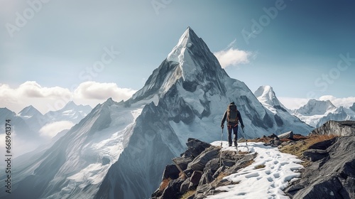 Rear view of male tourist standing on snowy mountain peak