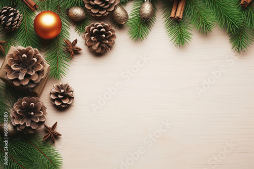 Christmas table top view with pine tree, pine cones, fir tree branches, gifts, and copy space on a rustic wooden background