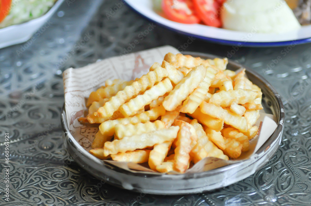 French fries or fried potato , fries French fries or fried potato , fries
