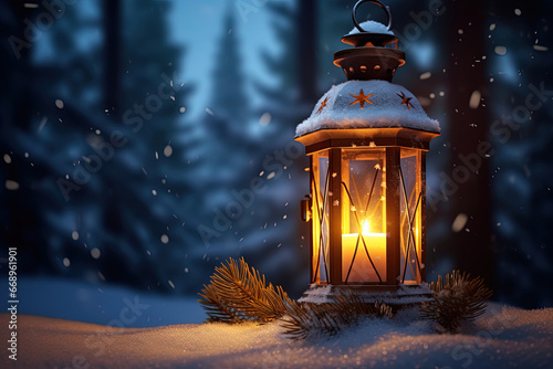 Winter decoration background with Christmas lanterns on snow under a forest pine tree branch in the sunlight. Copy space for text for a New Year winter banner or poster. © RBGallery