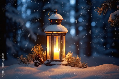 Winter decoration background with Christmas lanterns on snow under a forest pine tree branch in the sunlight. Copy space for text for a New Year winter banner or poster.
