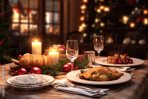 Christmas feast on a decorated table, with dishes full of food and snacks. New Year's décor and a Christmas tree in the blurred background. Copy space for Christmas or New Year's banner or poster