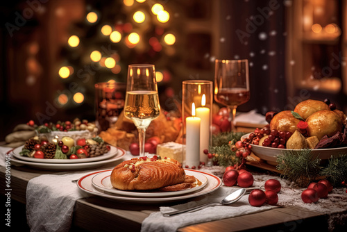 Christmas feast on a decorated table, with dishes full of food and snacks. New Year's décor and a Christmas tree in the blurred background. Copy space for Christmas or New Year's banner or poster