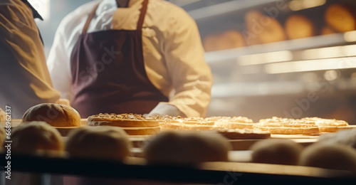 Baker baking fresh bread and pastry in the old town bakery in the morning, hot freshly baked products on shelves and the oven, small local business and food production. Generative Ai