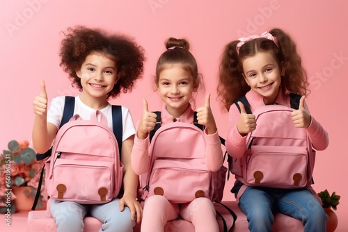 A image of Portrait of a group of happy smiling children showing thumbs up isolated over pink background Generative AI