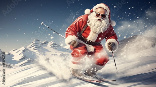 A photo of Santa Claus skiing downhill in high mountains. Christmas and New Year holidays concept Generative AI