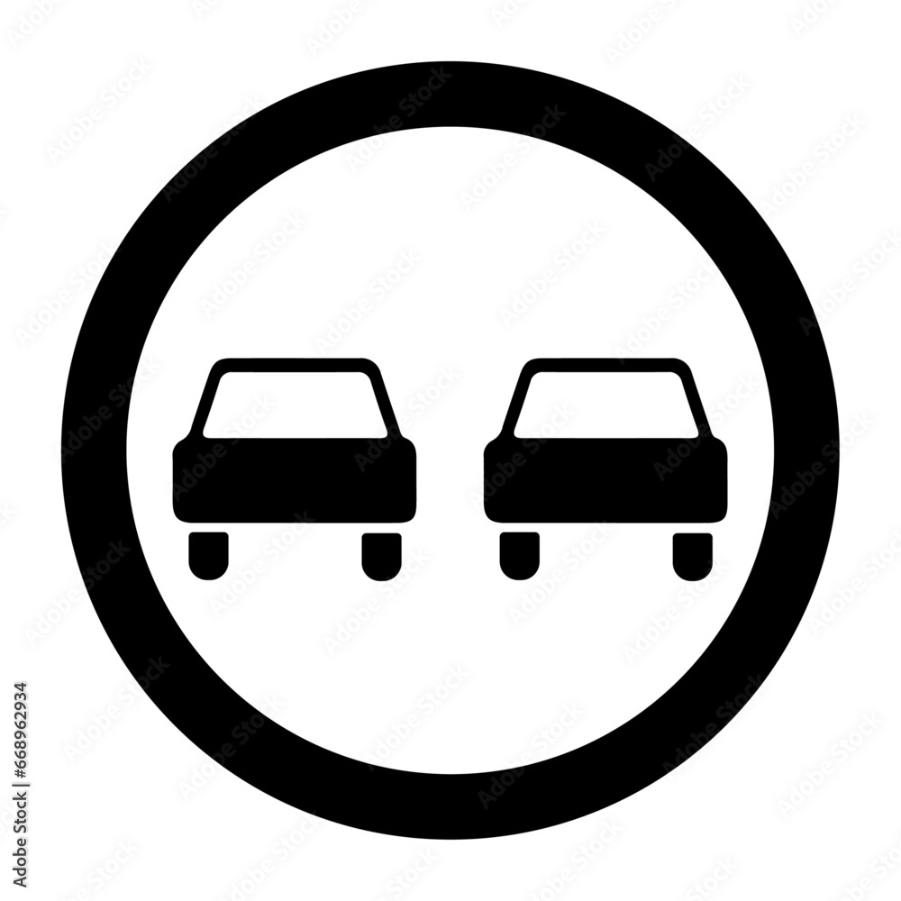 A large no overtaking sign in the center. Isolated black symbol