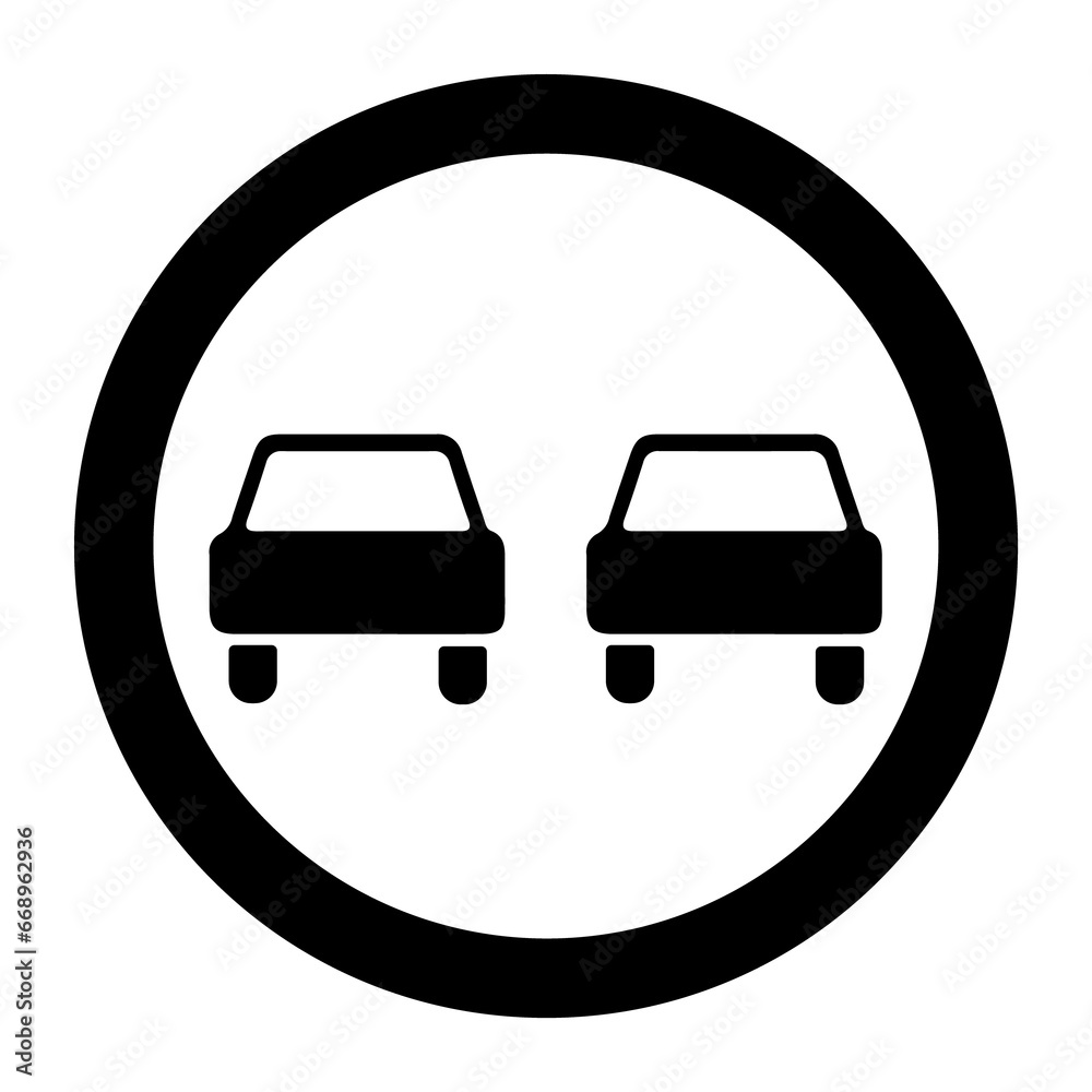 A large no overtaking sign in the center. Isolated black symbol