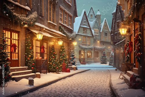 Empty city street with Christmas tree, colorful lighting, and snowfall, in the evening. Doorway on building alley with pine trees and snowfall. Evening view banner or poster.