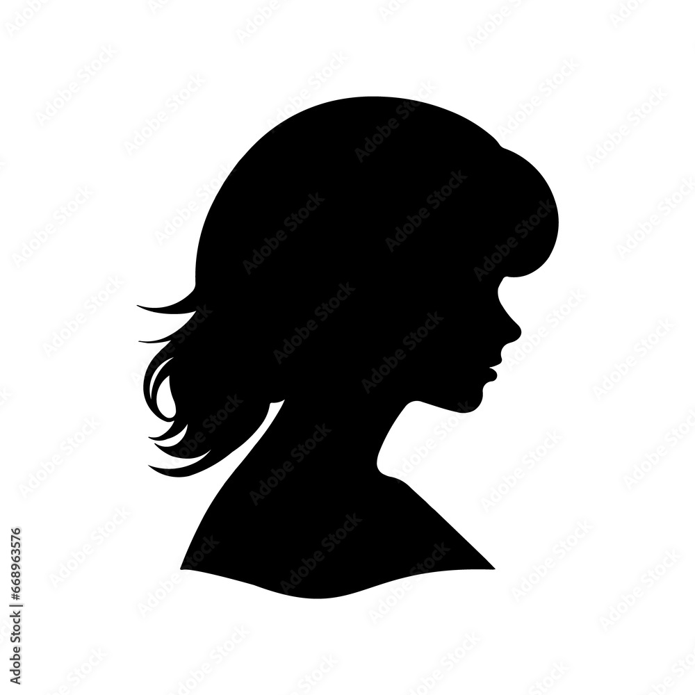 A large woman face profile symbol in the center. Isolated black symbol. Illustration on transparent background