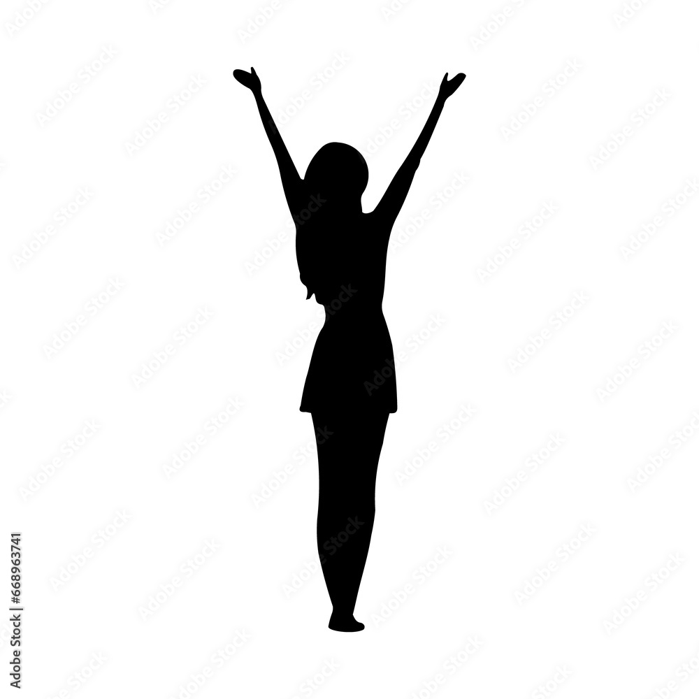A large woman with hands up symbol in the center. Isolated black symbol. Illustration on transparent background
