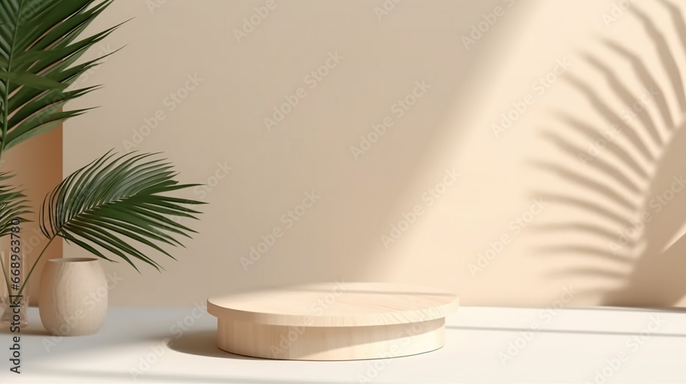 Minimal, natural log wood podium table in sunlight, palm leaf shadow in blank cream white wall