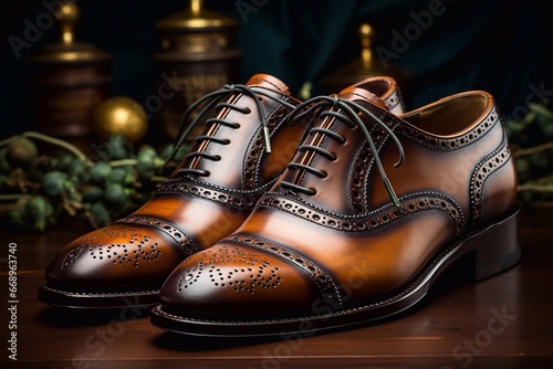 Man luxury brown leather shoes in a shop window close up on room Generative AI