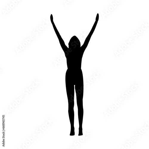 A large woman stretches symbol in the center. Isolated black symbol. Illustration on transparent background