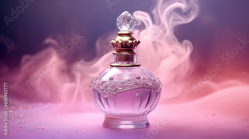 luxury glass or crystal perfume bottle with smoke waves background in pink purple theme