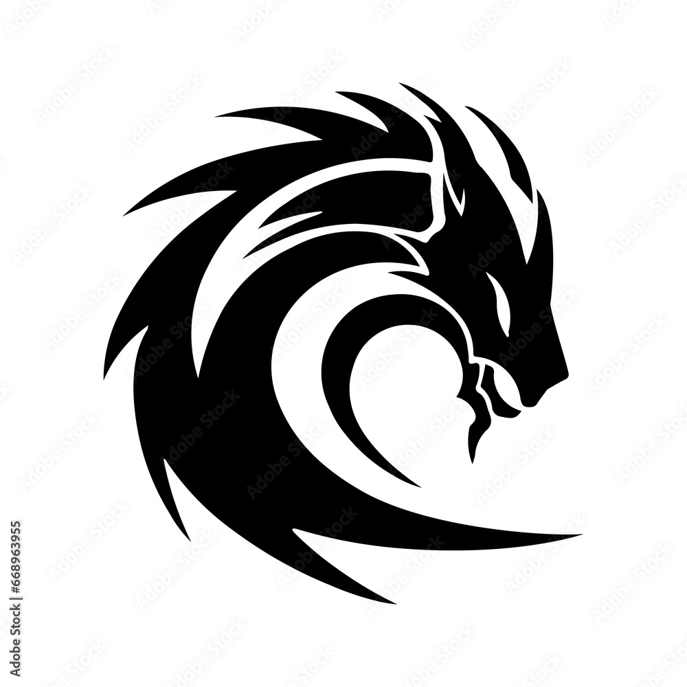 A large dragon's head symbol in the center. Isolated black symbol. Illustration on transparent background A large dragon's head symbol in the center. Isolated black symbol. Illustration on transparent background