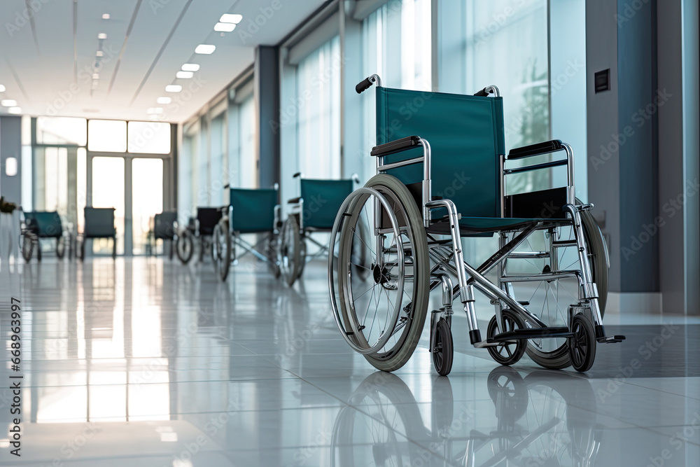 empty wheelchairs in a hospital corridor