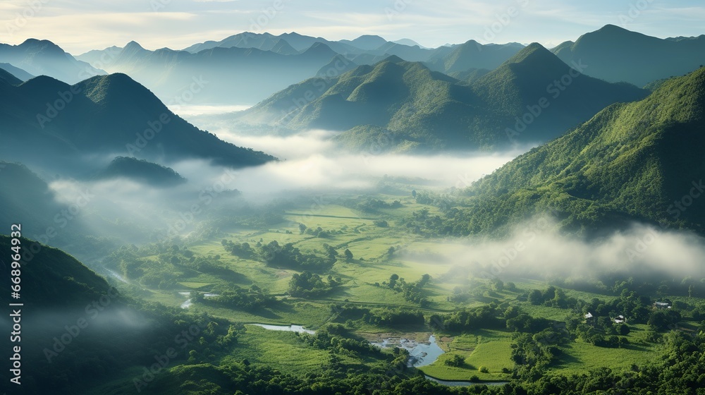 Aerial view of misty mountain valley in the morning Aerial view of misty mountain valley in the morning