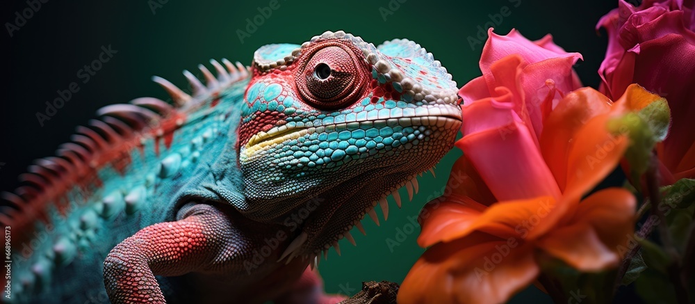 Stunning macro shot of a flower hugged chameleon