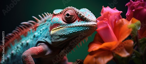 Stunning macro shot of a flower hugged chameleon
