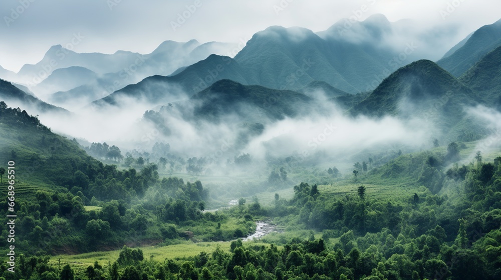Aerial view of misty mountain valley in the morning
