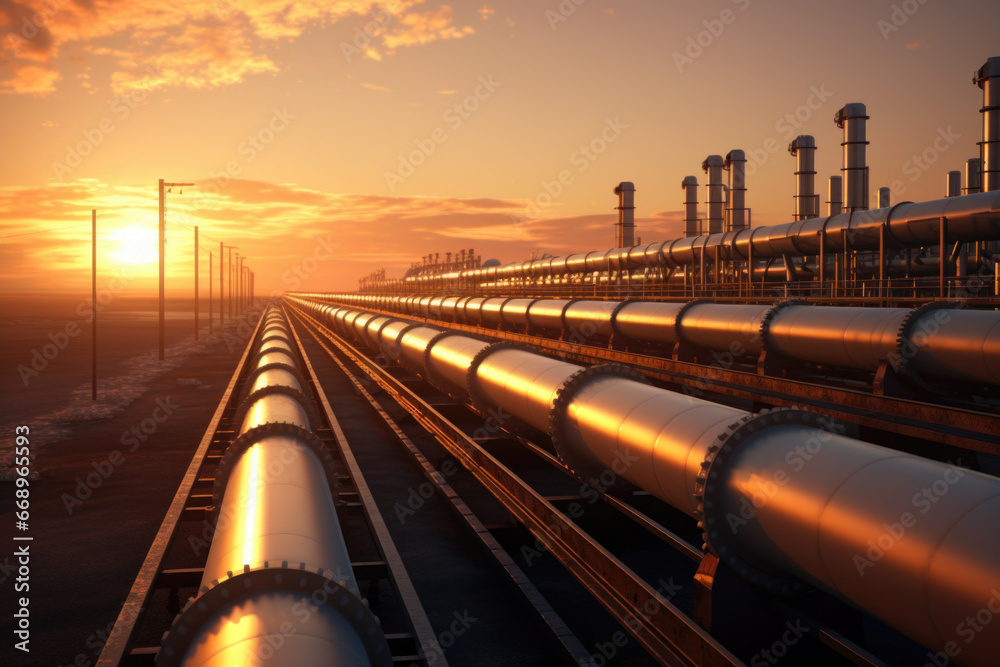 Sunset over a network of pipelines for natural gas distribution - obrazy, fototapety, plakaty 