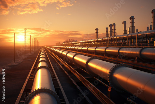 Sunset over a network of pipelines for natural gas distribution photo