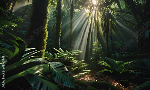 A lush and vibrant rainforest, with sunlight streaming through the dense canopy, casting intricate patterns of shadows on the forest floor.. ai generated