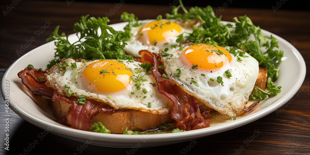 Leckere gebratene Spiegeleier mit Toast Brot und Speck, garniert mit Petersilie und grüne Gewürze, ai generativ Leckere gebratene Spiegeleier mit Toast Brot und Speck, garniert mit Petersilie und grüne Gewürze, ai generativ