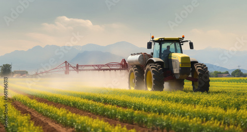 spraying pesticide with tractor at agriculture field